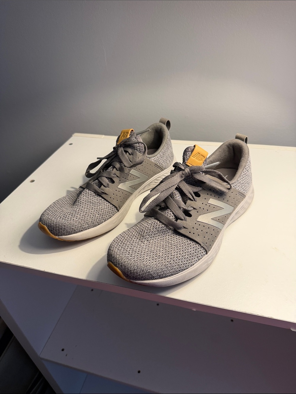 New Balance Men’s Light Gray Knit Sneakers with Tan Accents